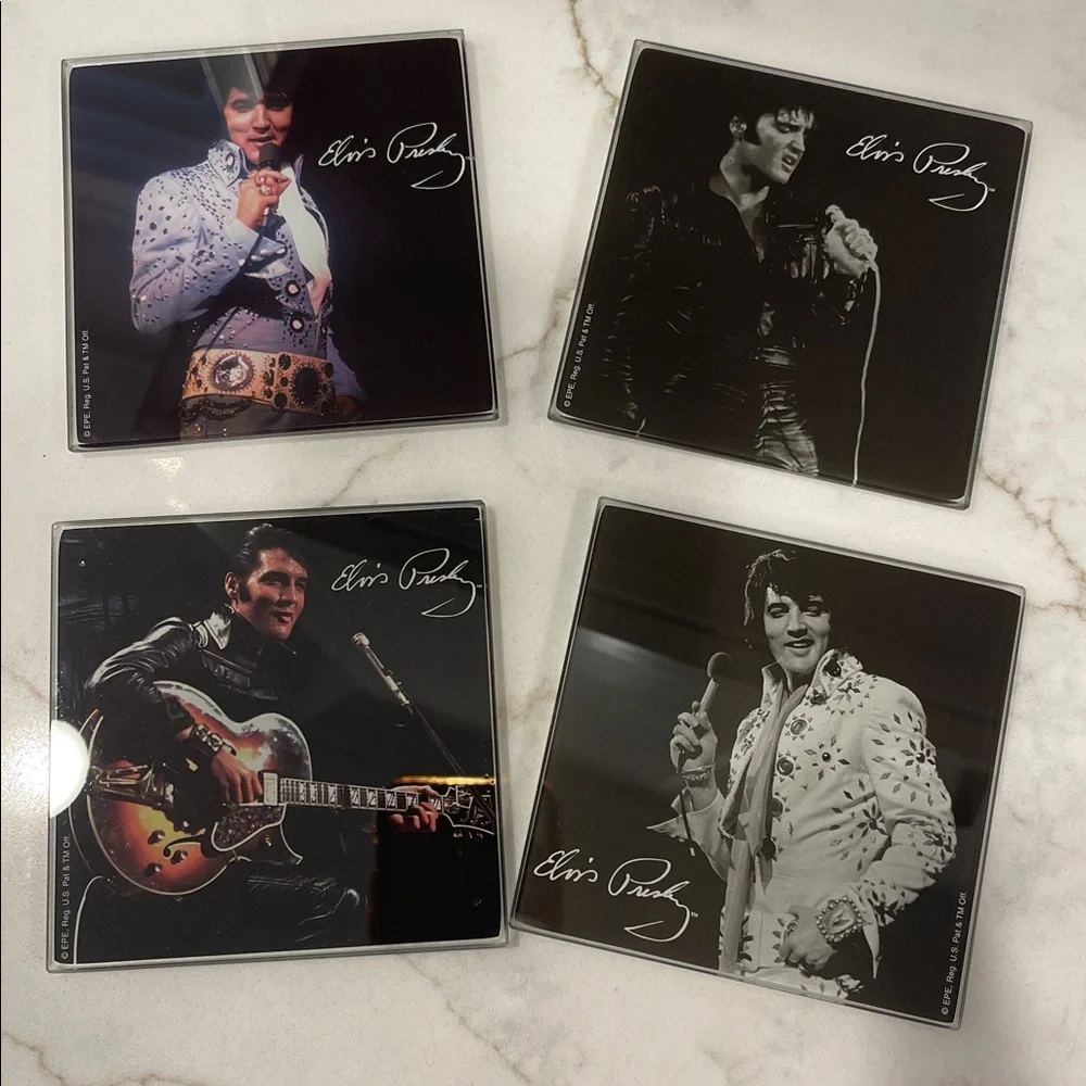 Elvis Presley Glass Coaster Collection ~ Set of 4 different images 4 x 4”